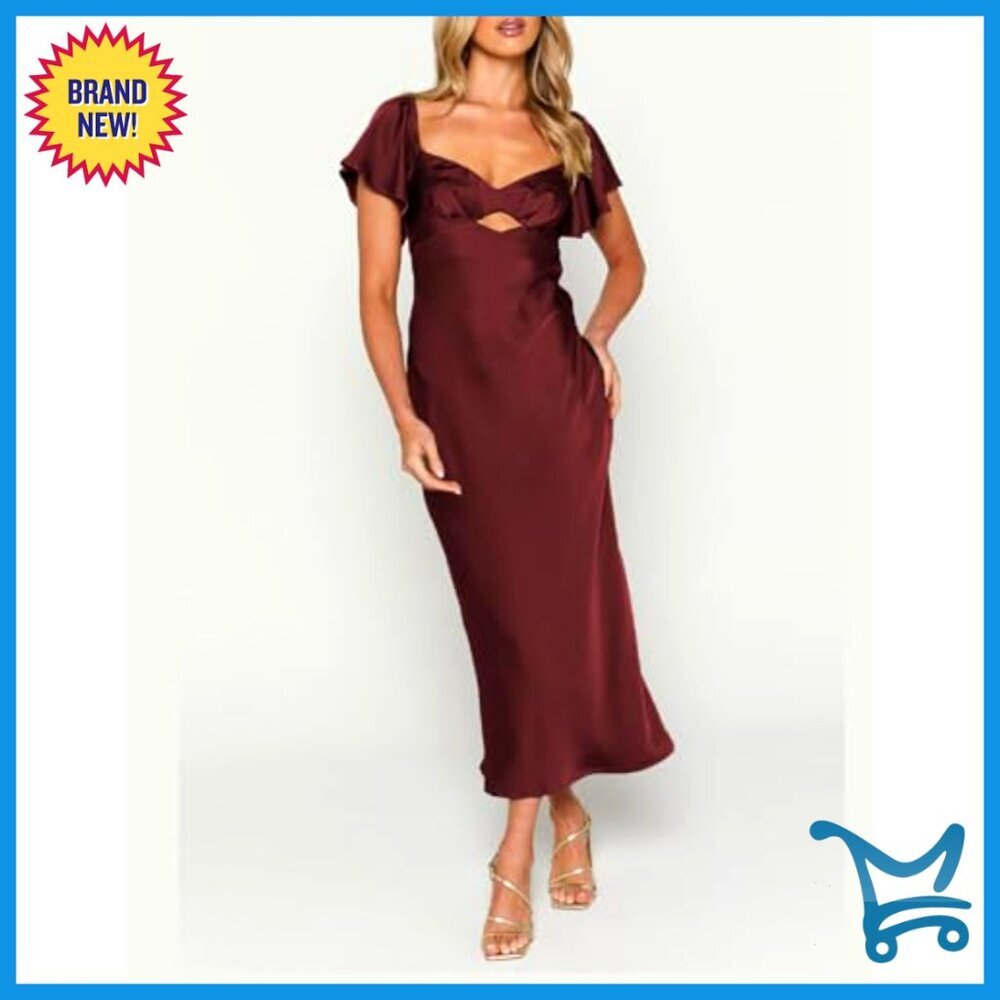 Satin Flutter Sleeve Sweetheart Neckline Cutout Back Midi Cocktail Dress Elegant - Picture 4 of 7